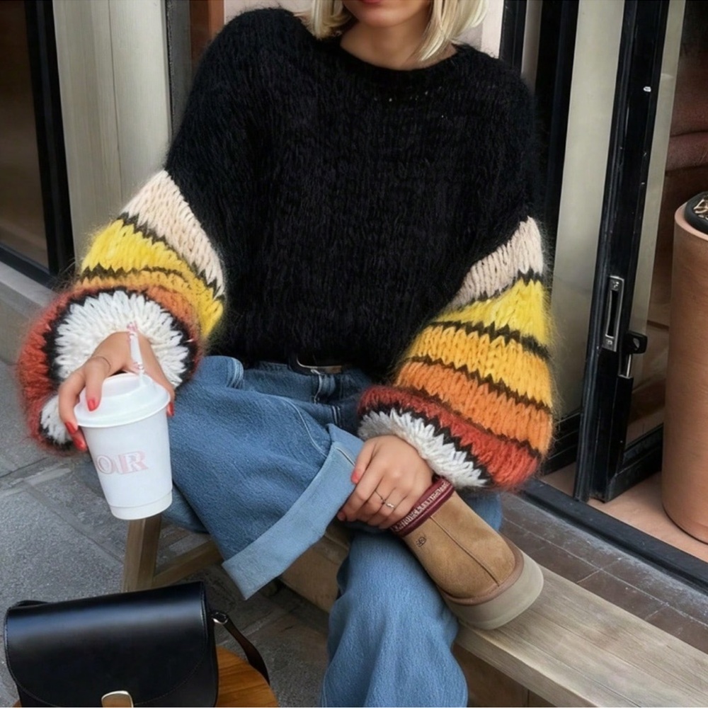 Cozy Fuzzy Color Block Balloon Sleeve Oversized Sweater Top XS S M L XL XXL